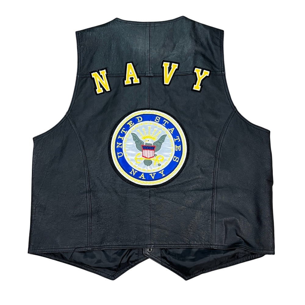 VTG Leather‎ US Navy Biker Vest Mens 2XL Black Patches Snap Front USA
